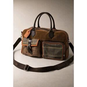 Etro Milano Weekender Duffle Bag Corduroy Tweed Plaid Leather Trim Italy